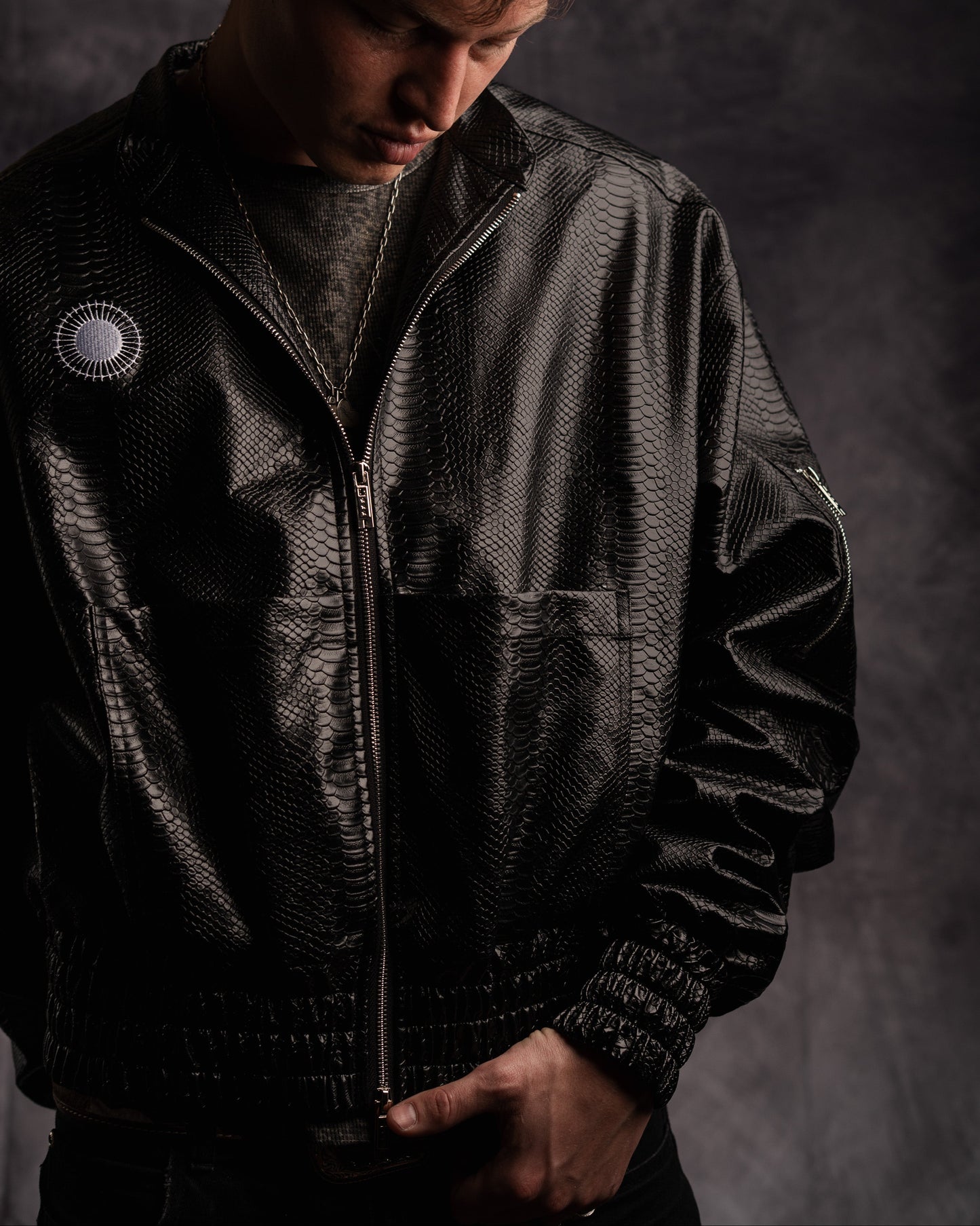 PYTHON LEATHER BOMBER — MIDNIGHT BLACK